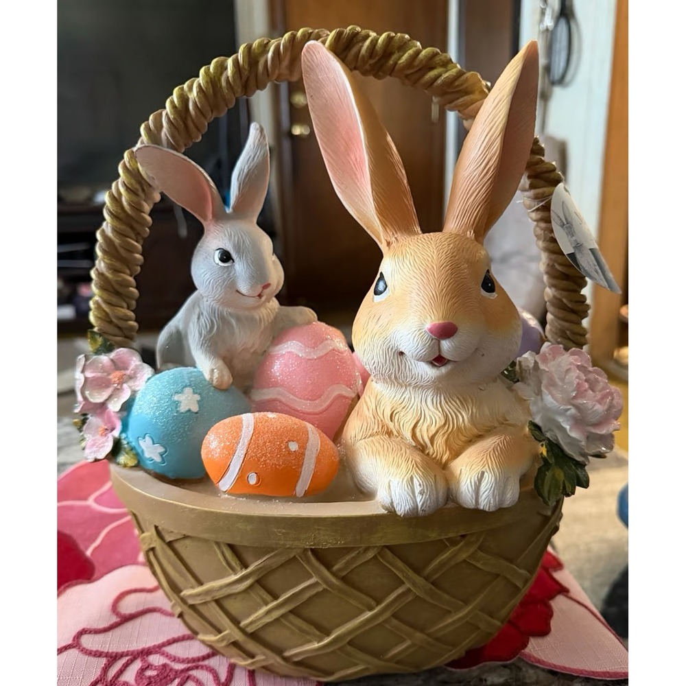 Martha Stewart Two Bunnies In Flower Basket Easter Spring Figurine Decor Multi